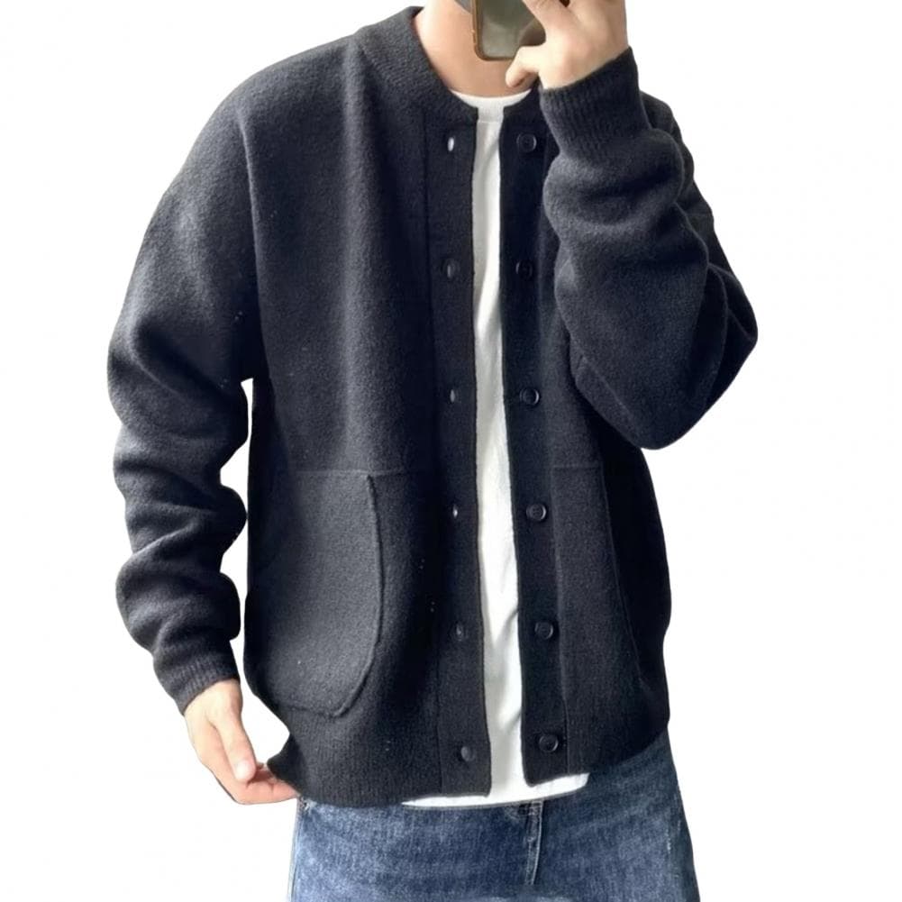 Men Knitwear Round Neck Long Sleeves Single-breasted Pure Color Cardigan Knit Coat Loose Daily Wear School Sweater Jacket L black
