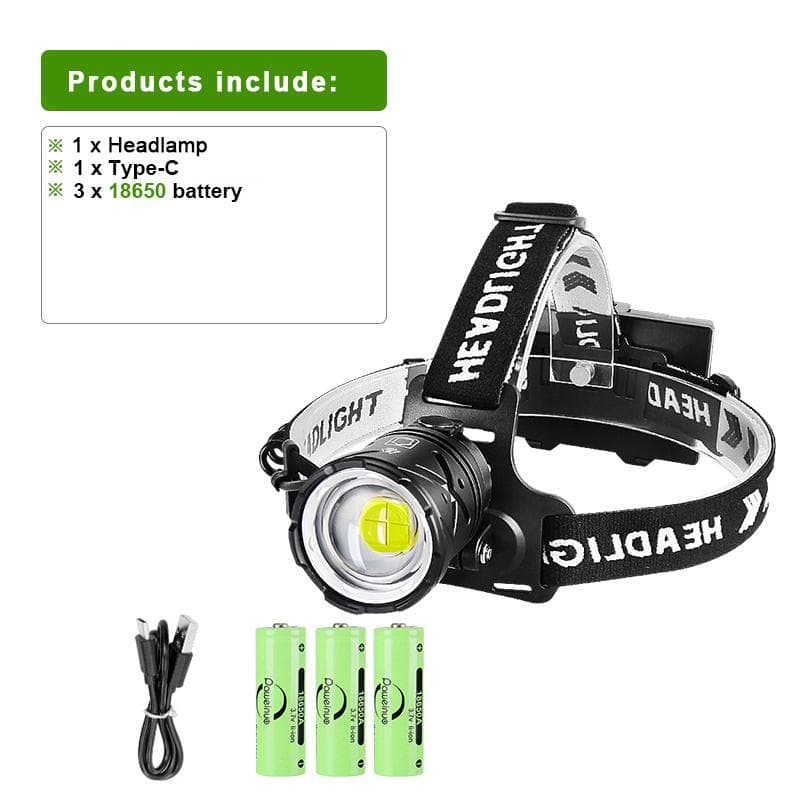 XHP199 rechargeable headlamp high power fishing head flashlight waterproof head lantern use 18650 battery with 18650 battery black