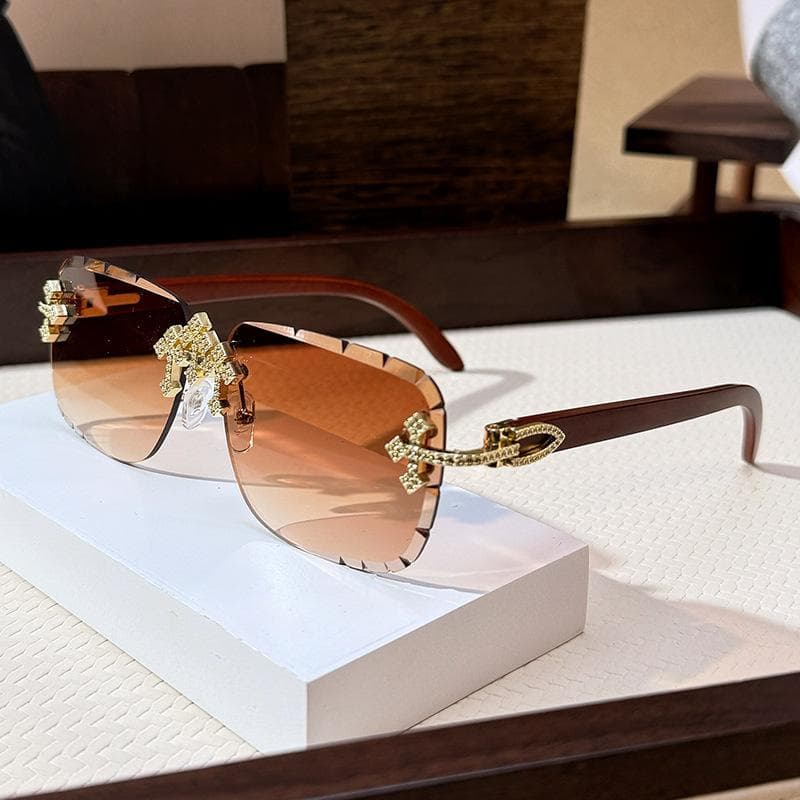 Cross Town Diamond Sunglasses Men'S Gypsy Golden Minute Frameless Sunglasses Decorative Wood Grain