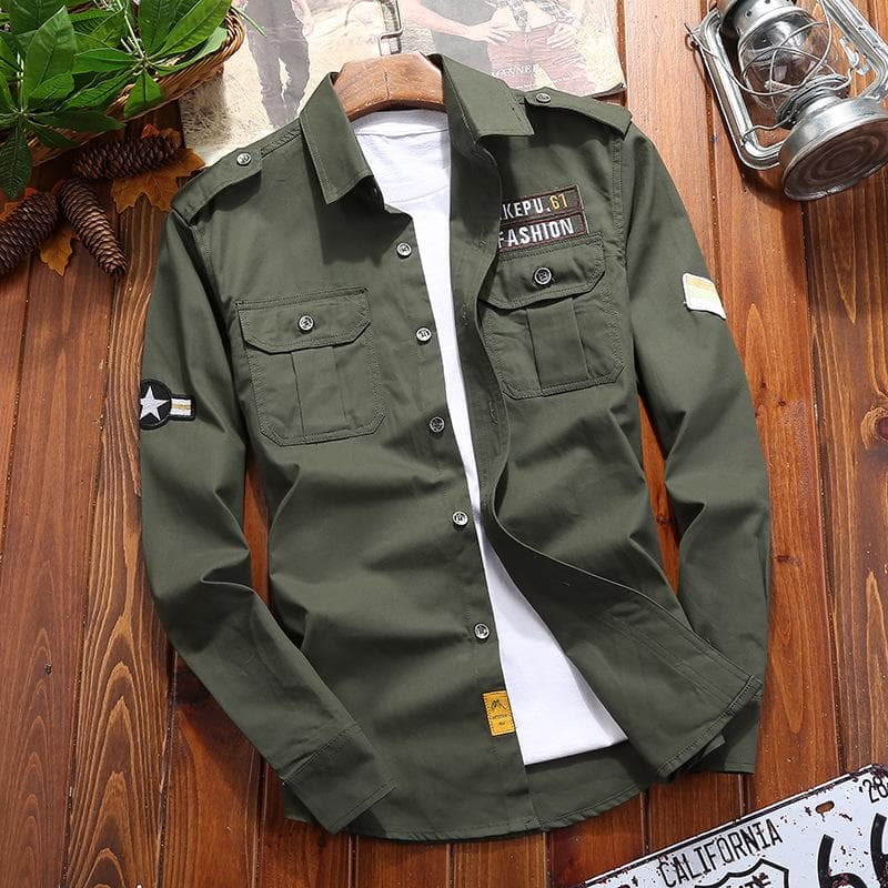 Large Size Men's Summer Vintage Military Cotton Shirt Slim Jacket XL army green