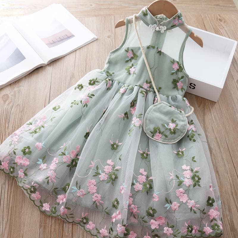 Pink Embroidered Sweet Lolita Girl A-line Dress Children's Clothing Girl Princess Skirt Cut Vest Mesh Skirt Thin Summer 140 green