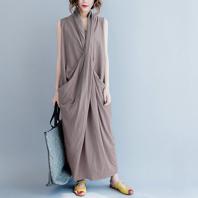 ZANZEA Summer Casual V-neck Sleeveless Loose Long Dress L khaki