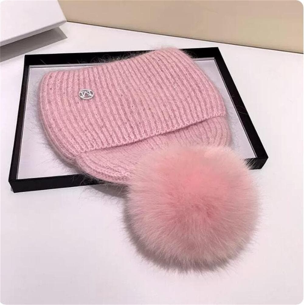 Real Fox Fur Beanie With Pom Pom Warm Winter Hat for Women Girls Natural Pompom Hat Outdoor SKI Knitted Thick Cap pink
