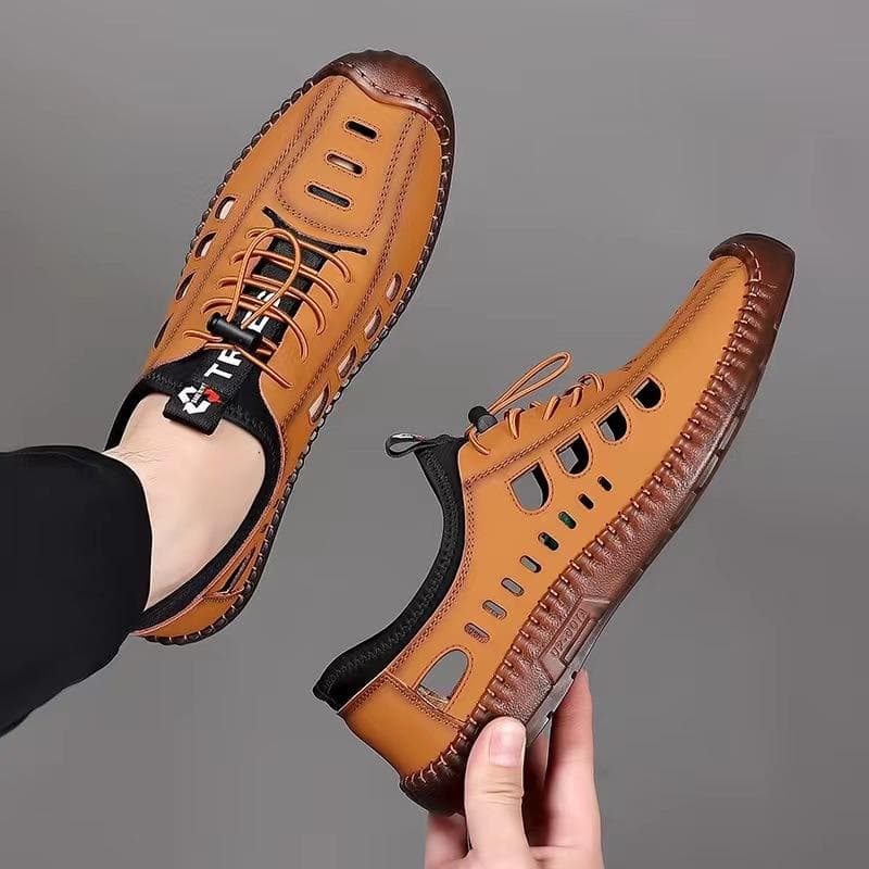 2024 Sandals for Men Spring Summer New Men's Casual Hollow Breathable Leather Shoes with Non Slip Soft Sole 39 orange