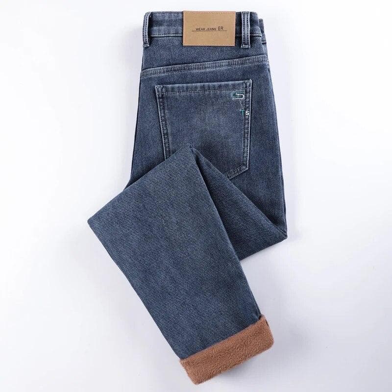 Men's Thermal Stretch Jeans Winter Snow Warm Plush Slim Narrow Leg Jeans Thicken Fleece Denim Long Pants Korean Fashion Trousers 32 blue