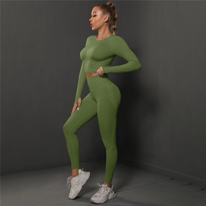 Nessaj Seamless Fitness Suit Women Yoga Set High Waist Gym Tracksuit Scrunch Butt Leggings Sportswear L army green