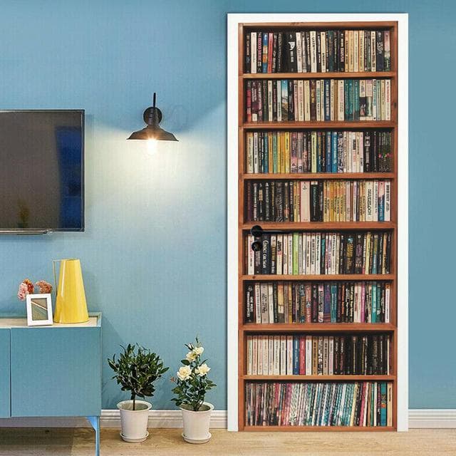 Wooden Bookshelf Door Stickers Spiral Staircase Library Retro Literature Art Bookstore Decor Renovation PVC Wallpaper Sticker 77x200cm