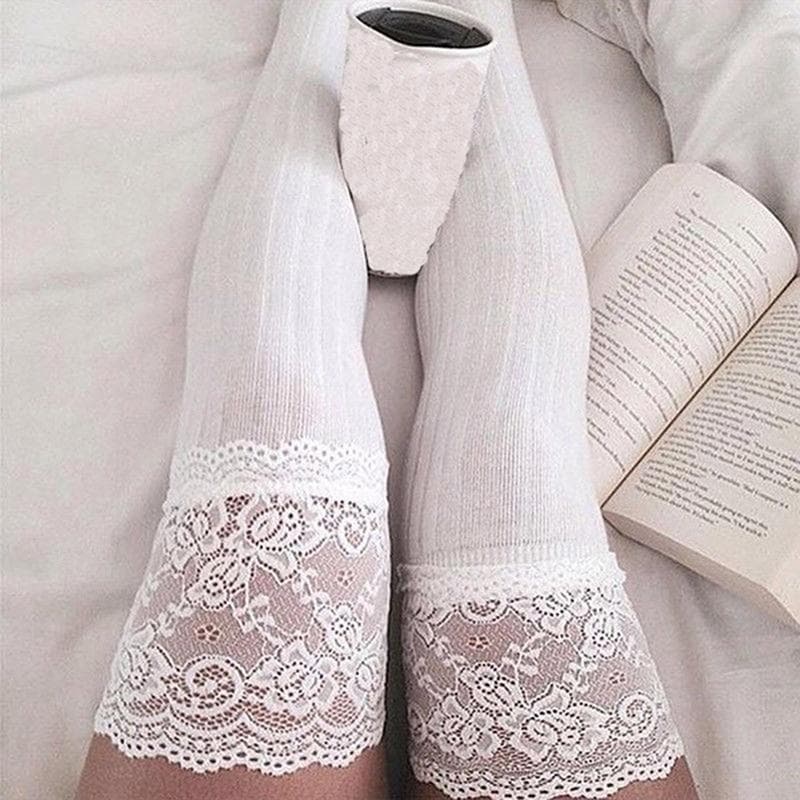 Women Socks Stockings Warm Thigh High Over The Knee Socks Long Cotton Lace Up Stockings Medias Sexy Stockings white