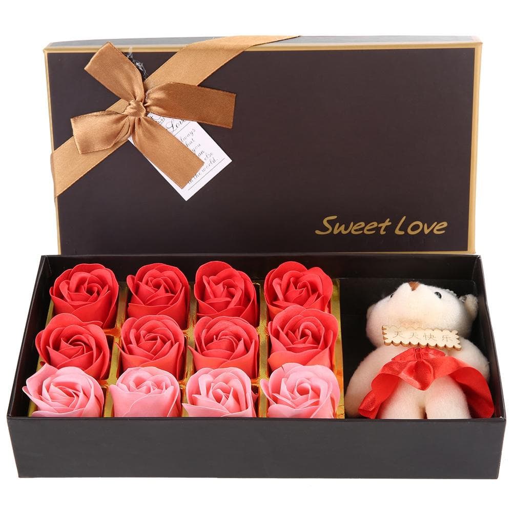 12 Rose Flower Soap Flower Plush Bear Valentine s Day Romantic Gift With Box (Red)