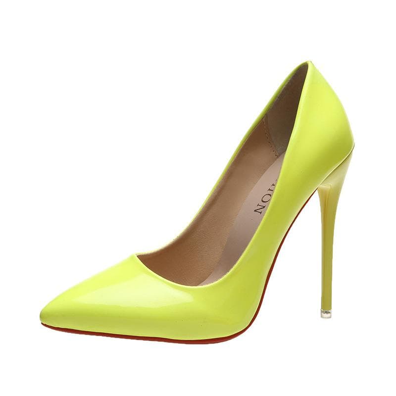Fashion 2024 Spring Super High 12cm Stiletto Heels Pumps Women Shoes Pointed Toe Florescence Patent Leather Office Thin Heel 35 yellow