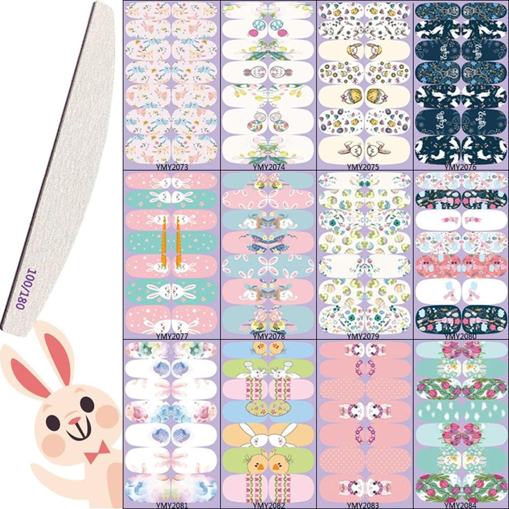 12 Sheets Easter Nail Stickers Cute Bunny Self Adhesive Nail Art Stickers with Nail File DIY Nail