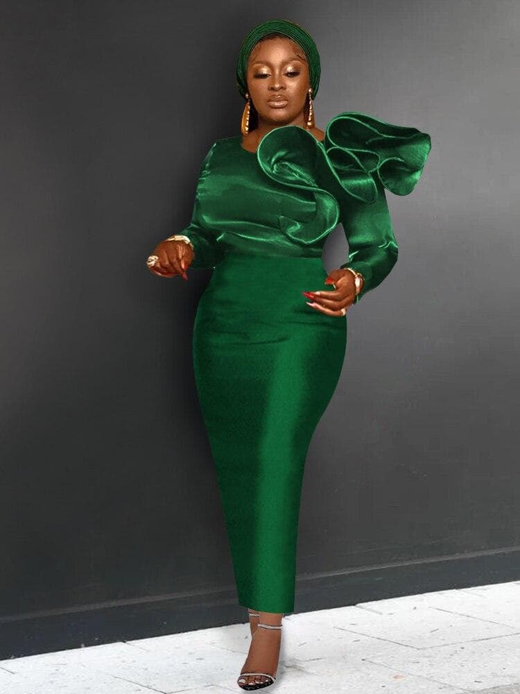 Green Party Long Dresses Ruffles High Waist Package Hip Plus Size Cocktail Evening Christmas Robe for Ladies M green