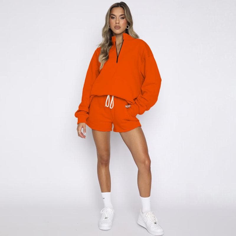 New Autumn-Winter Pure Color Stand Collar Zipper Pullover with Long Sleeves and Shorts: Women's Fashion Set L orange/red