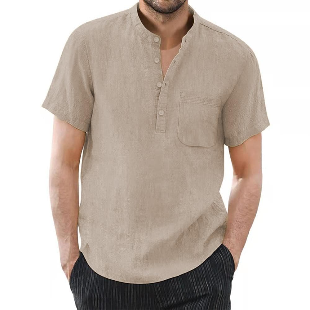 Men's Short Sleeve T-shirt Cotton and Linen Casual Men T-shirt Solid Color Summer Shirt Male Cozy Breathable US Size XL khaki