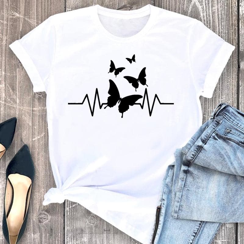 Women's Print Tee Top Summer Fashion Tshirt Love Heart Butterfly Sweet Trend Woman Female T Clothing Short Sleeve Graphic T-shirts M