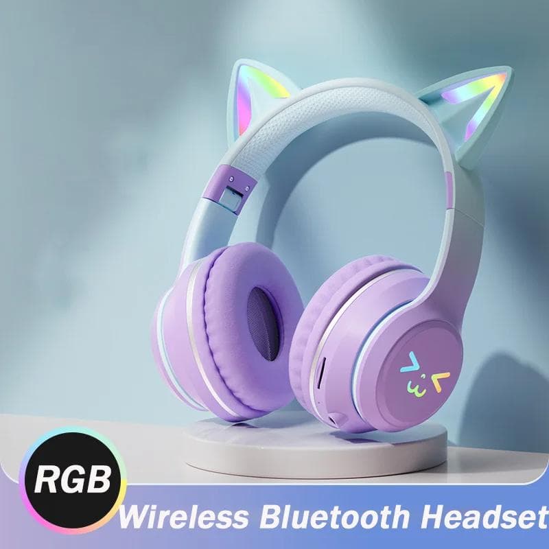 2024 New Cute Cat RGB Colour Lights Wireless Headphones Bluetooth 5.1 Stereo Music Gaming Headsets for Girls Kids Gift Headset with Microphone purple