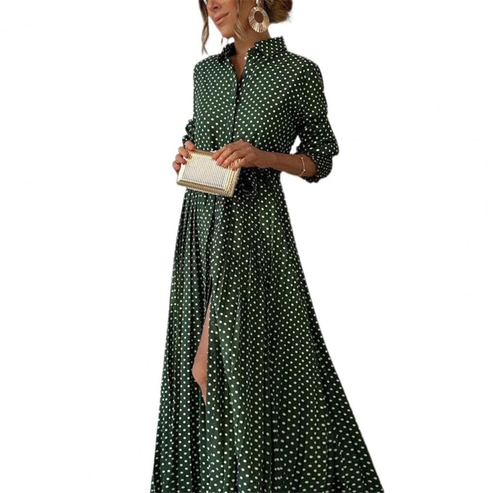 Women Evening Dress Short Sleeves Dot Print A-line Big Split Hem Bohemian Style Stand Collar Elastic Waist Dating Prom Commuting S green
