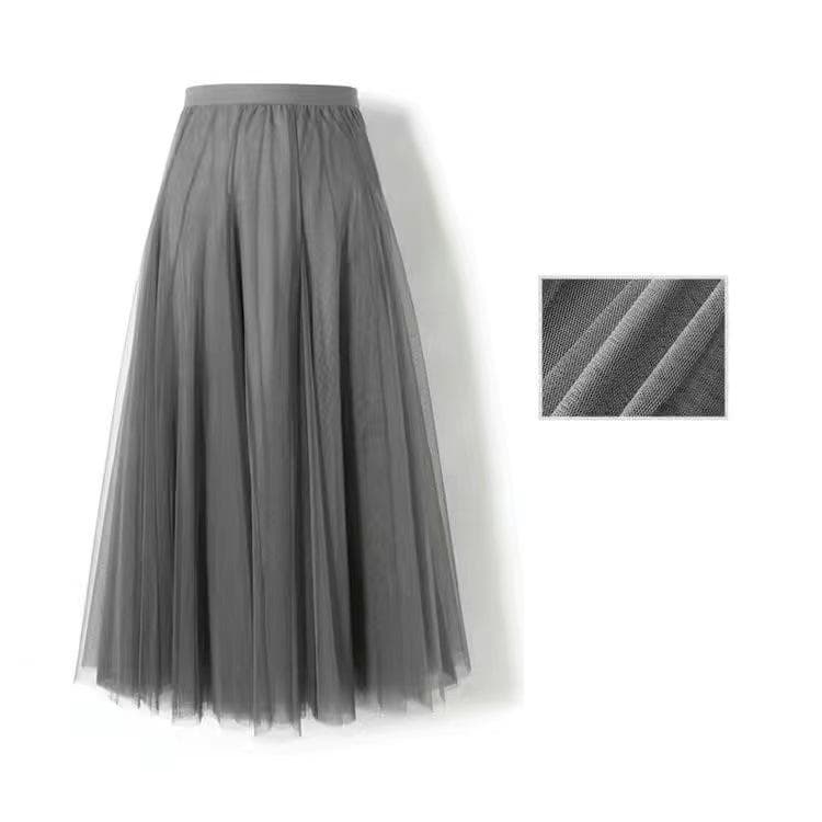 New Women Mesh Elastic Tutu Skirt Beach Spring Summer Korean High Waist Fashion Pleated Long Skirt Black White Tulle Skirts 85cm dark grey