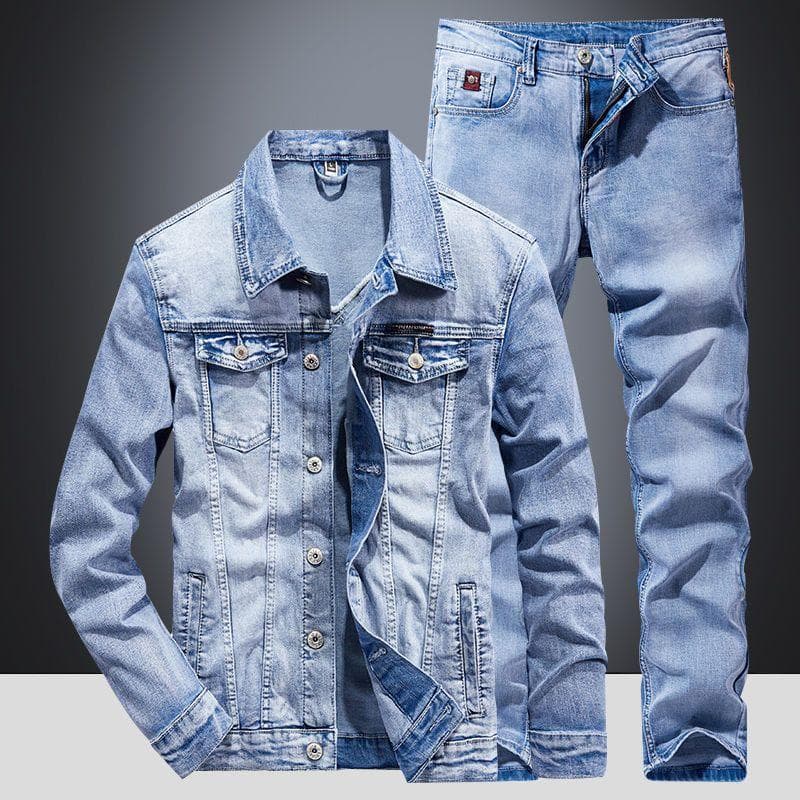 Men's Spring and Fall Denim Suit Wear-resistant Breathable Suit Denim Jacket + Jeans 2-piece Set 3XL blue