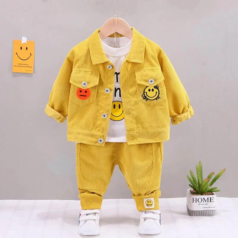 Boys spring and autumn suits baby thin three-piece set printing contrast color design smiley pattern long-sleeved jacket top pants three-piece set 110