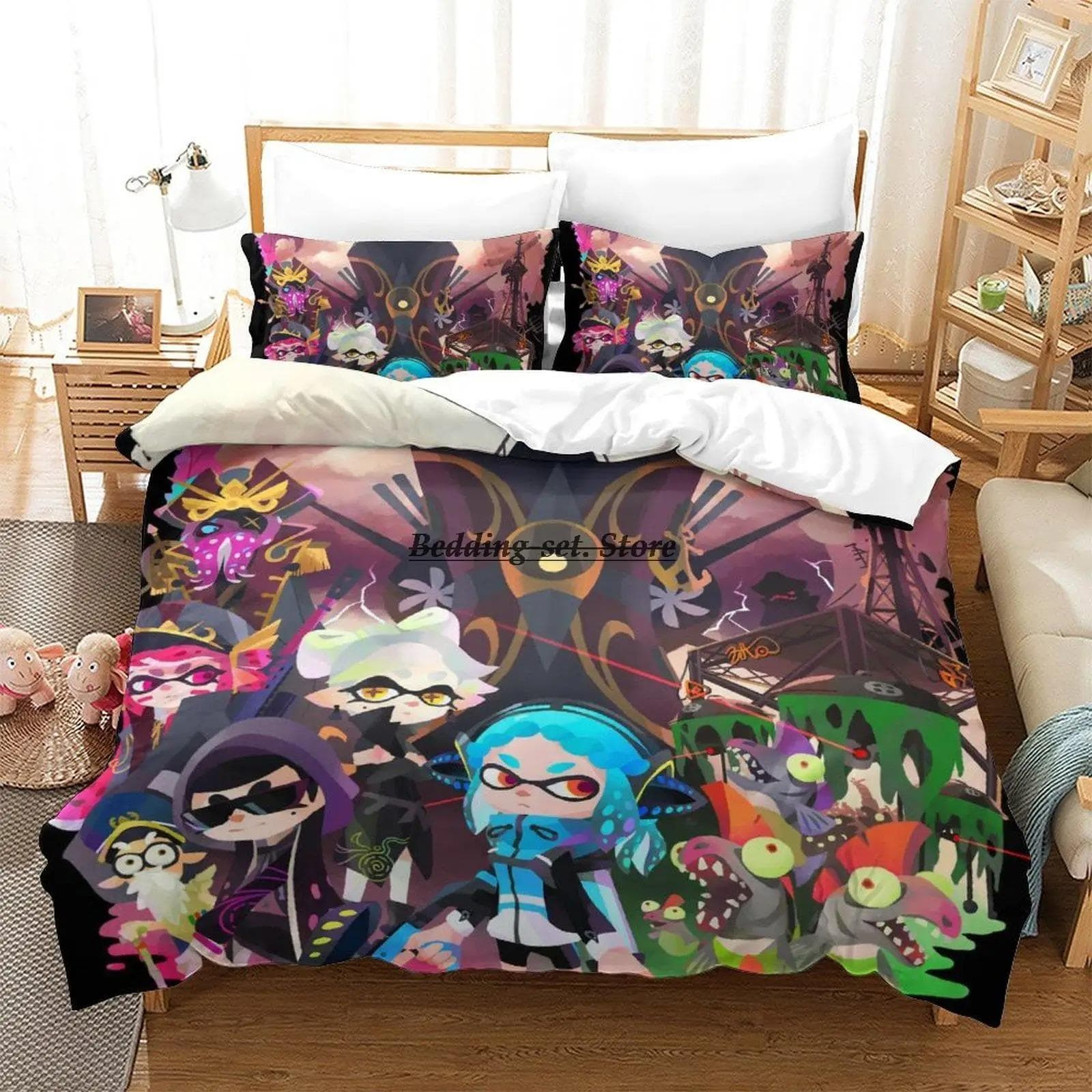 Splatoon 3 Inkling Squid Bedding Set Single Twin Full Queen King Size Bed Set Aldult Kid Bedroom Duvetcover Sets Bed Sheet Set US King 264x228cm