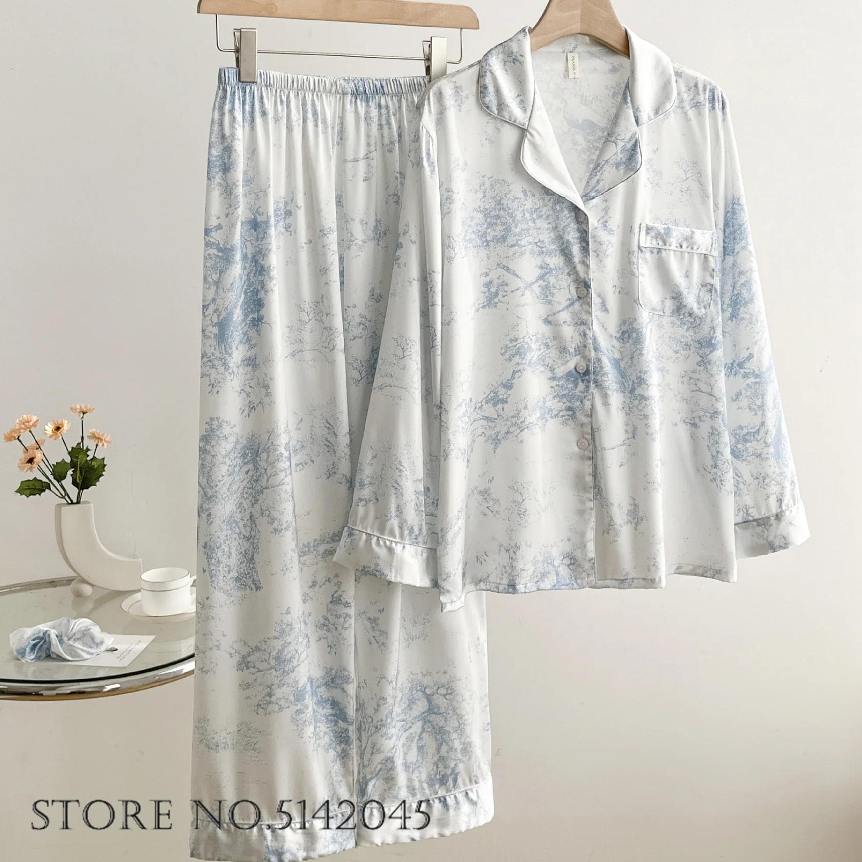 Female Jacquard Long Sleeve Trouser Suit Spring Autumn Pajamas Two Piece Set Sleepwear Sweet Doll Collar Satin Homewear Pyjama XL
