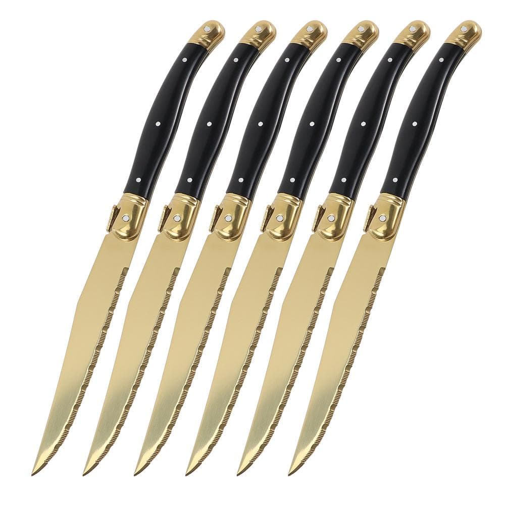 Jaswehome 4/6/8/12pcs Steak Knives Set Titanium Gold Plating Sharp Knives Food Grade Dinnerware Sets Black Golden Dinner Knife