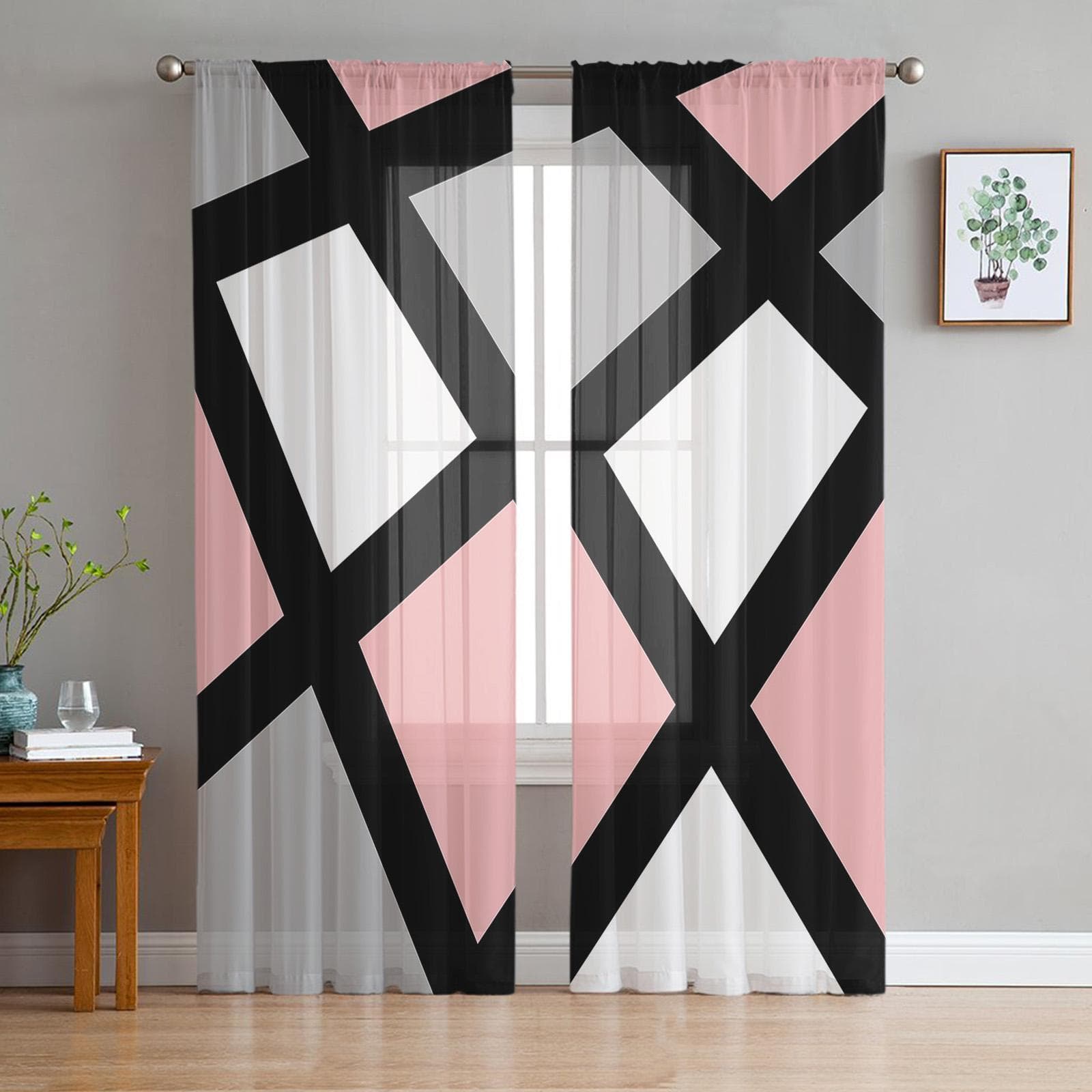Pink Black Ash Geometric Square Voile Sheer Curtains Living Room Window Chiffon Tulle Curtain Kitchen Bedroom Drapes Home Decor 135W x 114H(cm)