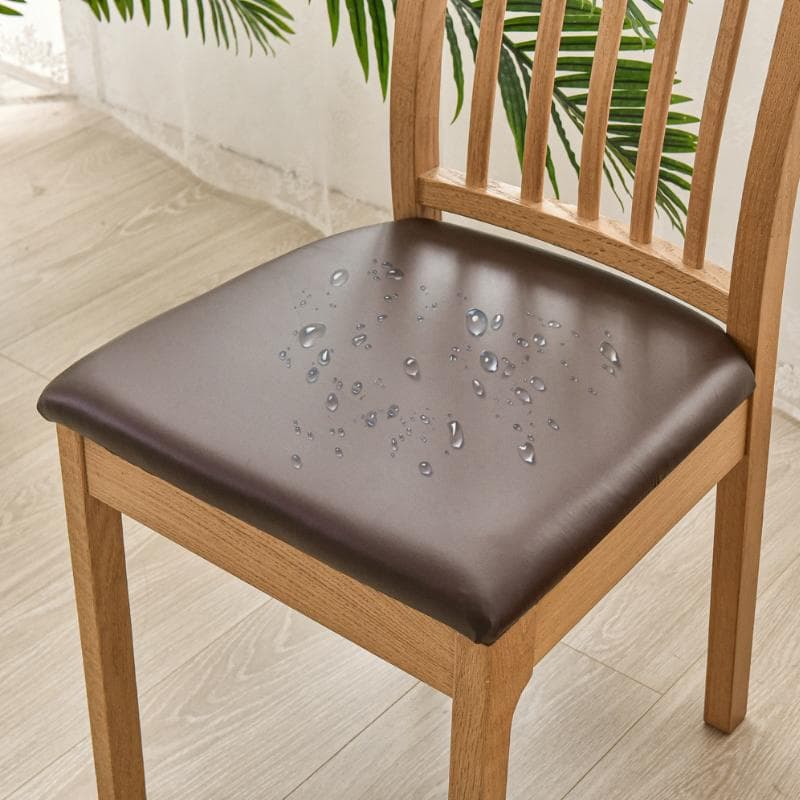 Waterproof Oilproof Stretchable PU Leather Dining Room Chair Seat Covers Removable Kitchen Upholstered Chair Cushion Slipcovers brown