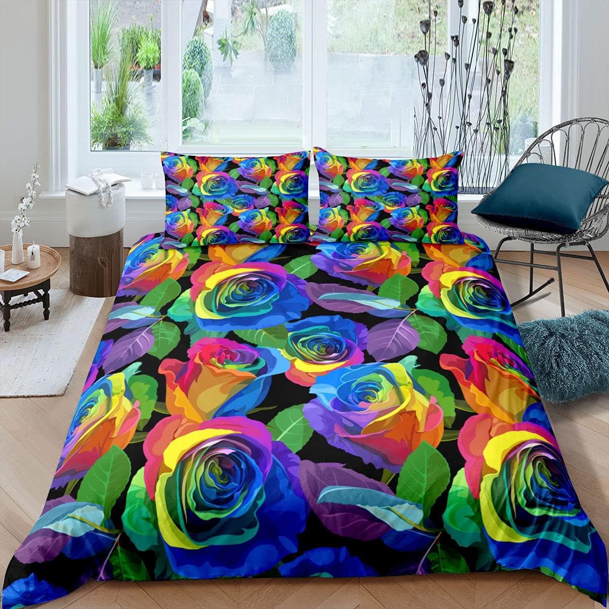 Blue Rose King Queen Bedding Set Romantic Floral Duvet Cover Abstract Water Ripples Flower Comforter Cover Polyester Quilt Cover 140x210cm 2pcs