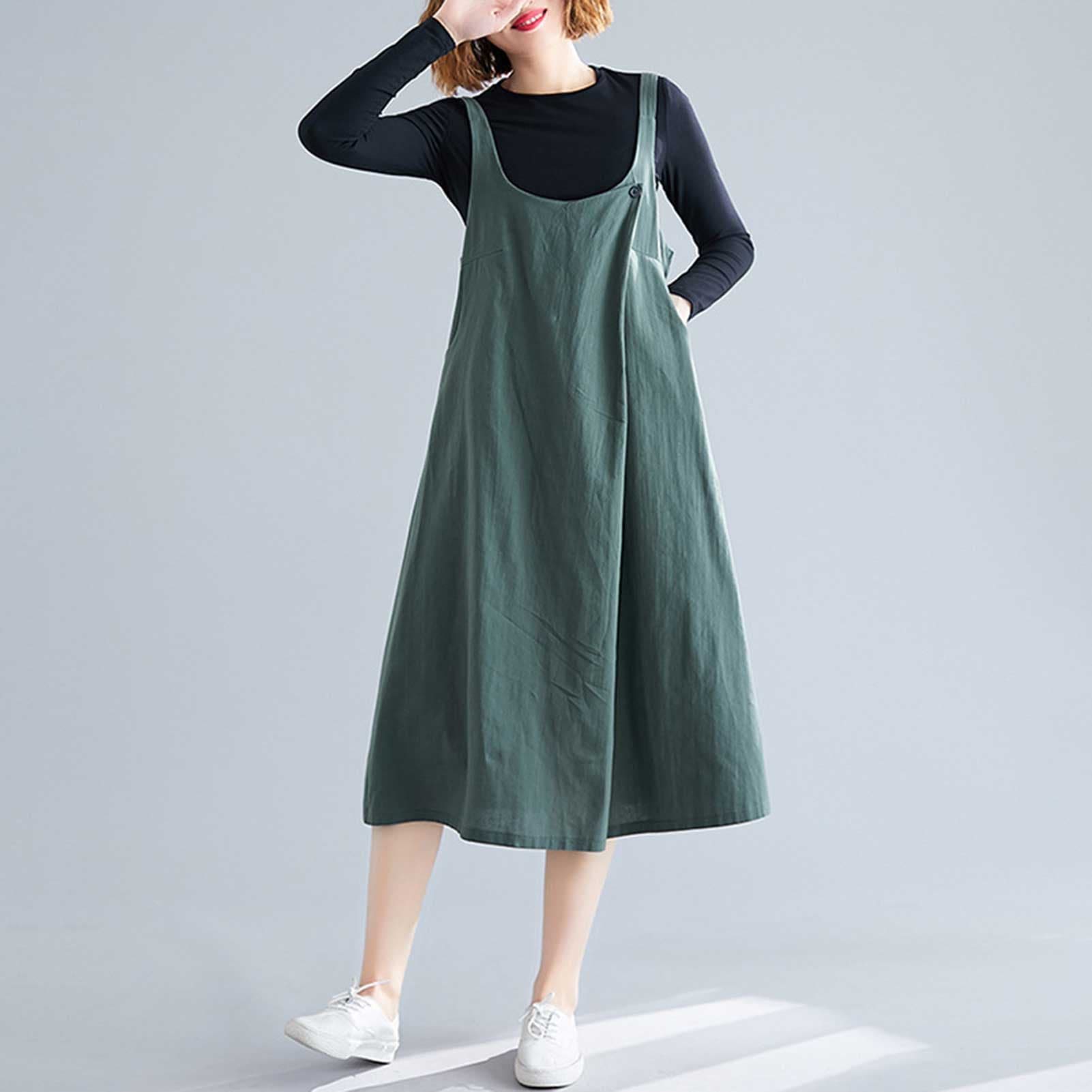 Women Cotton Linen Pinafore Dress Wide Straps Buttoned Chest Pockets Open Back A Line Casual Loose M dark green