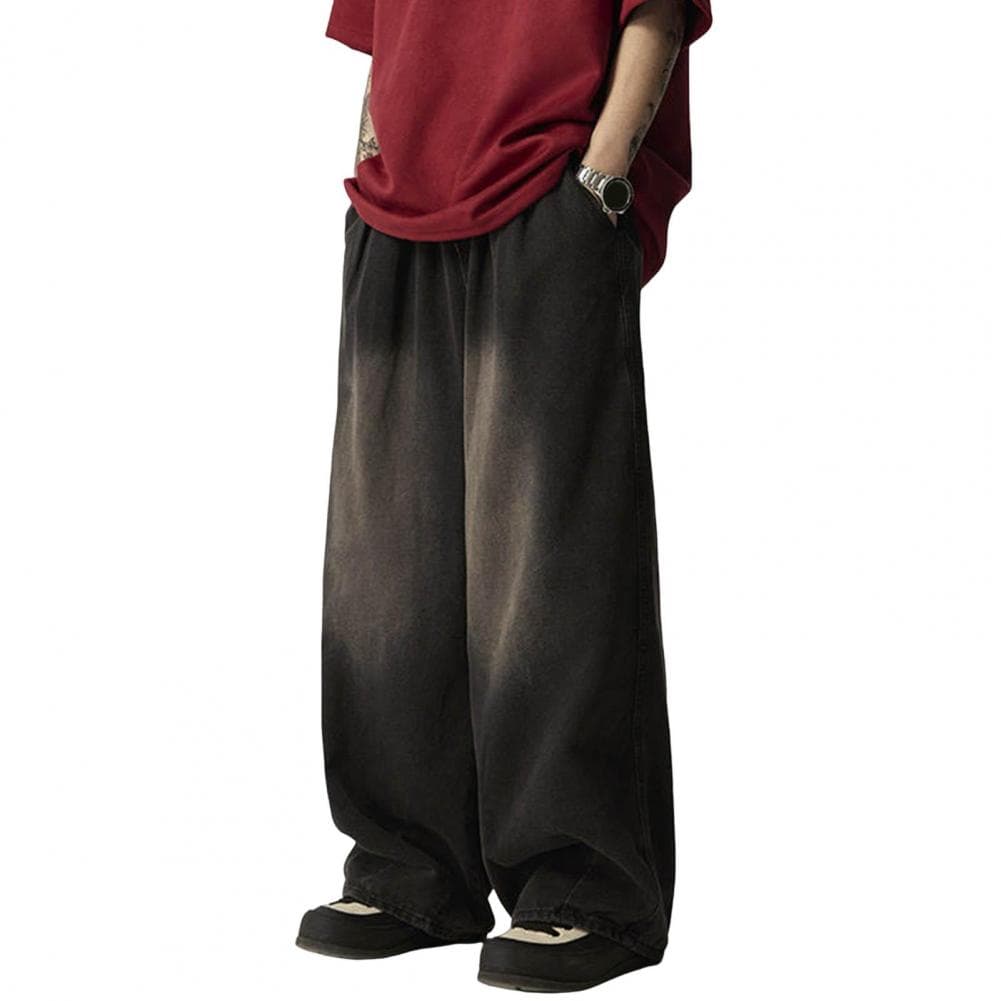 Men Jeans Elastic Waist Drawstring Wide-Leg Jeans Street Style Distressed Design Draped Denim Trousers XL black