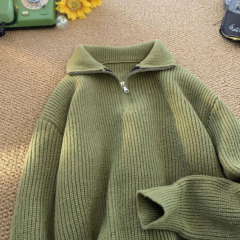 Autumn Winter New Fashion Long Sleeve Stand Up Collar with Half Zipper Sweaters Men's Clothing Casual All-match Knitting Tops XL army green