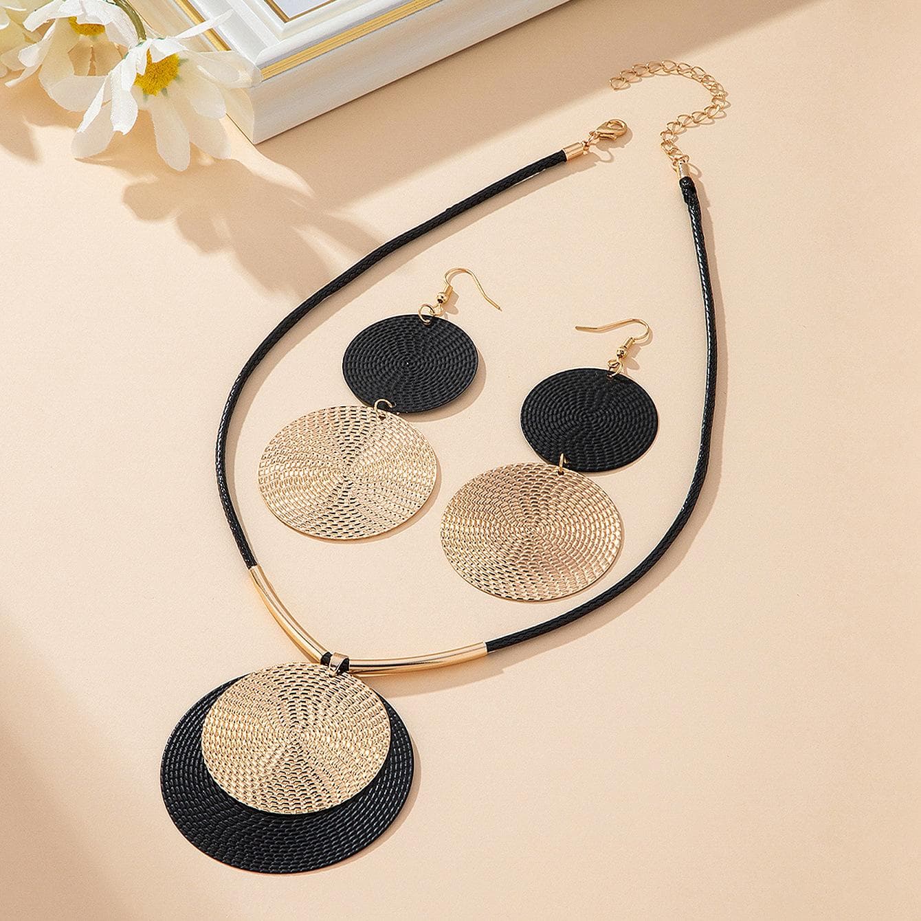 Circular Necklace & Earrings Set for Women, Gold/Black Hoop Jewelry Set, Minimalist Boho Necklace Earrings Gift