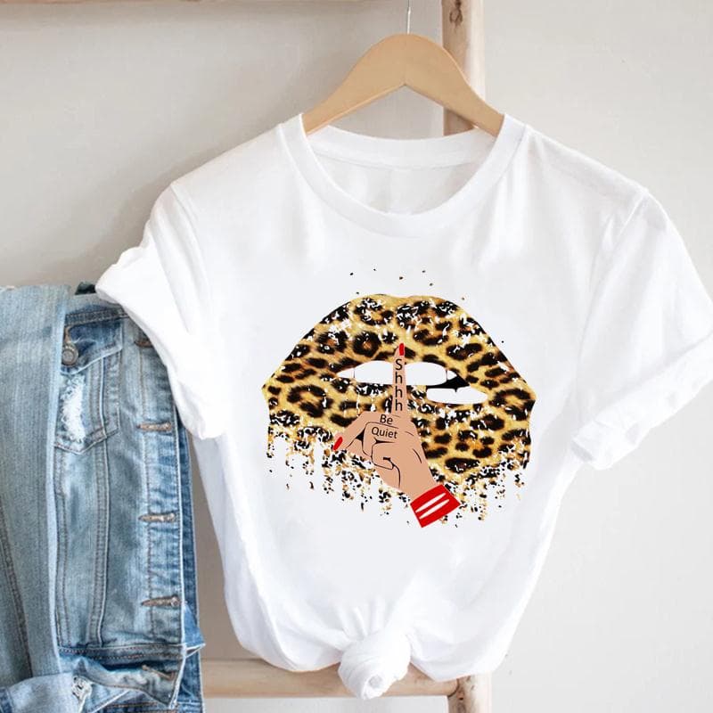 Tee Top Summer Fashion Women Print Tshirt O-neck Leopard Trend Lip Lady Female Clothing Casual Short Sleeve Graphic T-shirt L