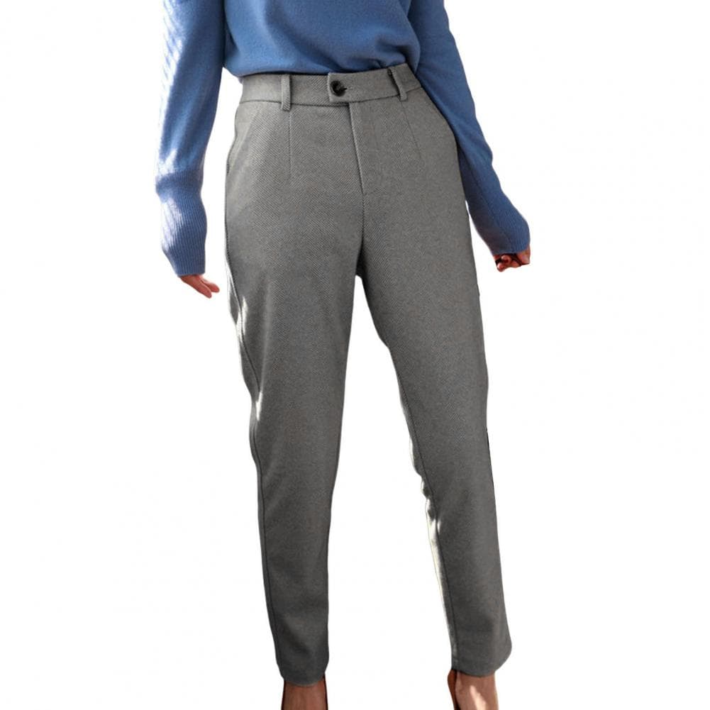 Women Versatile Work Pants Stylish High-waisted Women's Pants for Autumn Winter with Button Zipper Fly Herringbone Woolen Fabric XXL grey