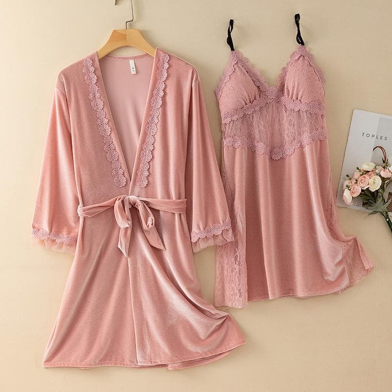 New Autumn Velvet Pajamas Two-piece Robe Set Feminine Lace See-through Robe Bathrobe Casual Velvet Home Clothes M
