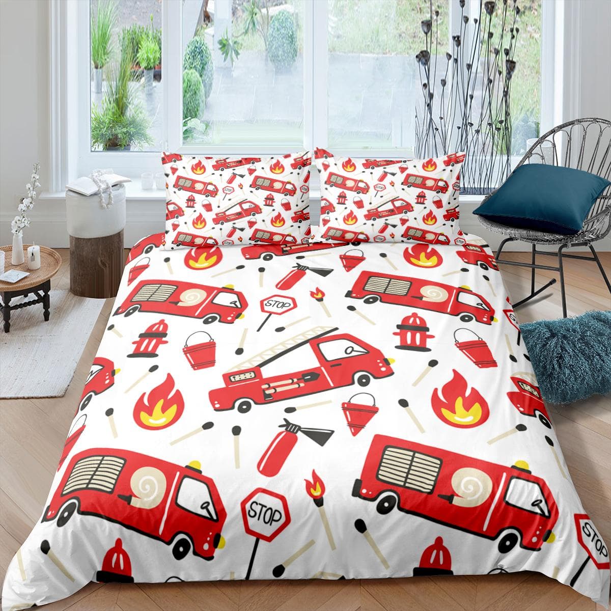 Fire Truck King Queen Duvet Cover Cartoon Police Car Bedding Set for Kids Boys Firefighter Quilt Cover Polyester Comforter Cover 240x220cm 3pcs