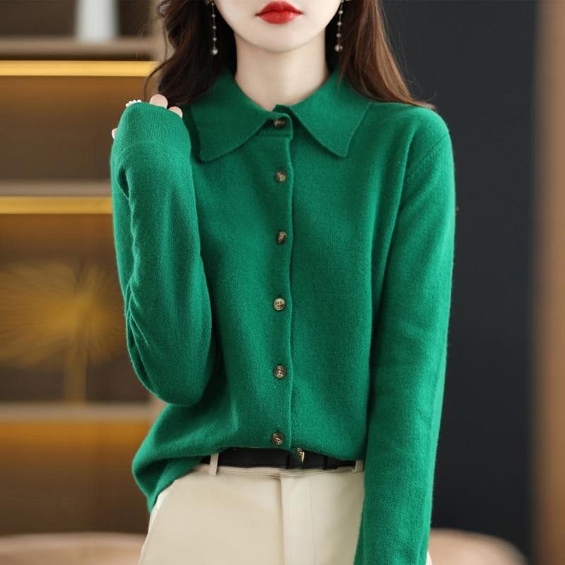 Women's Wool Knit Cardigan Jacket Loose Polo Collar Sweater Outer Solid Color Button Knit Shirt Pullover Korean Autumn Winter T-shirt XXL green
