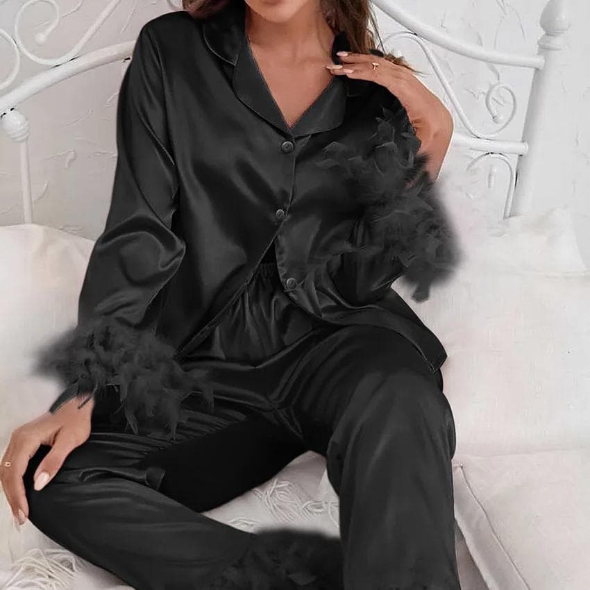 Ice Silk Pajamas for Women Feather Long Sleeve Home Suit Shirt Pants Suit Satin 2 Piece Set Female Button Sleepwear Loungewear 2XL black