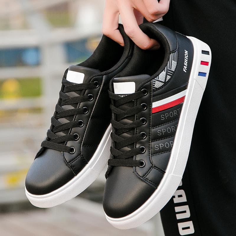 Men Sneakers Male Lace Up Casual Flat Shoes Lightweight Pu Leather Breathable Shoes Men's White Walking Shoes Athletic Footwear 46 black