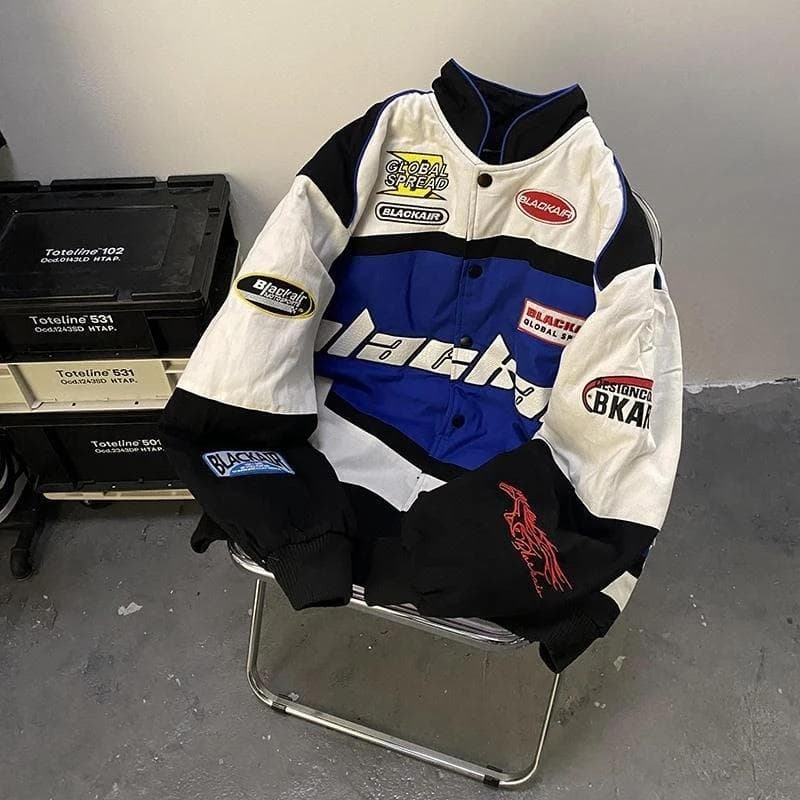 Vintage Racing Jacket Women Oversized Korean Streetwear Motorcycle Hip Hop Jackets Female Color Matching Baseball Coat L blue