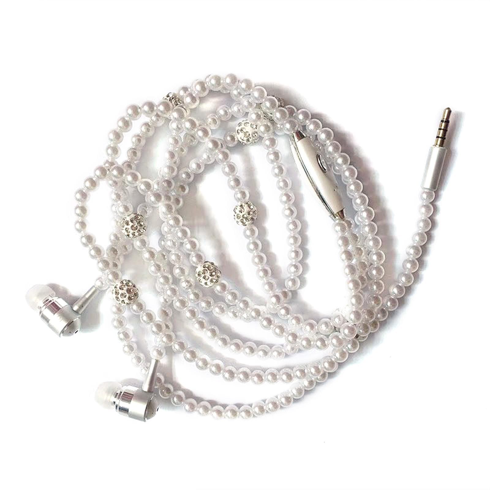 Jewelry Pearl Necklace Stereo Earphones with Microphone 3.5mm In-ear Headphone Wired Headset white