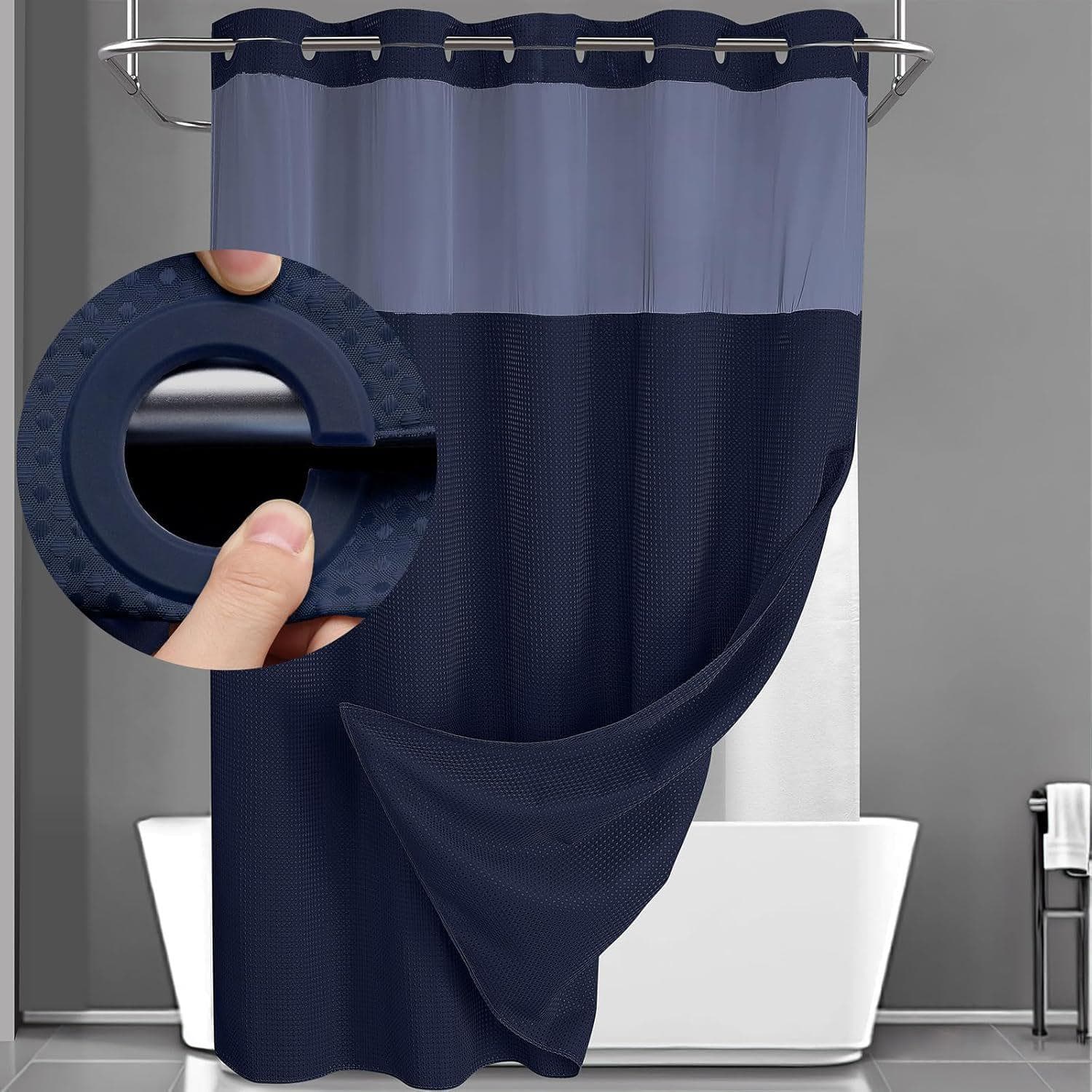 Hookless Shower Curtain Set Double (with Liner) Removable White Shower Curtain 183*190cm navy blue