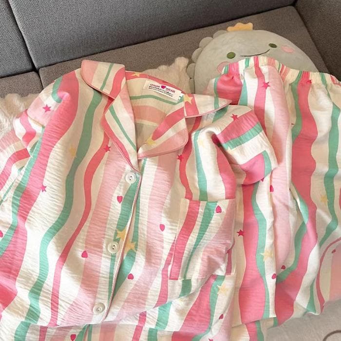 Dopamine Style Korean Women Pajamas Set Autumn Sleepwear Pajama Set Nightgowns Casual Comfortable Button Down Top and Pants Lady L