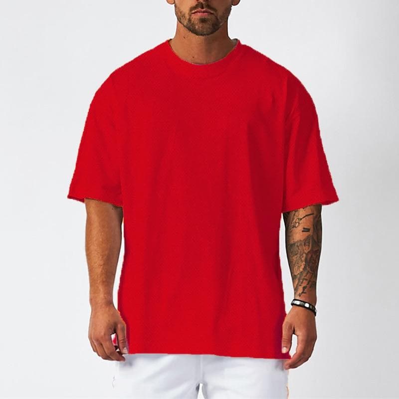 Do The Work New Brand Mens Loose Oversized Bodybuilding Fitness Summer Quick-drying Mesh Gym Sports Solid Color Tee Shirt XXL red