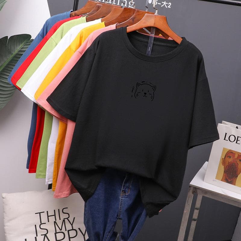 Kawaii Summer T Shirt Women Oversized Soft Tees Cotton Loose Bouses Tops M black