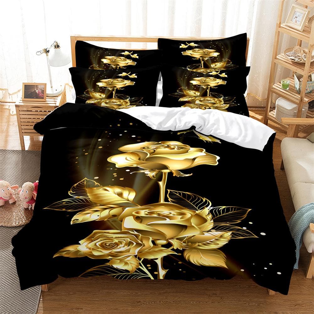 Gold Flowers painting Bedding Set Duvet Cover Set 3d Bedding Digital Printing Bed Linen Queen Size Bedding Set Fashion Design EU single(135x200cm)
