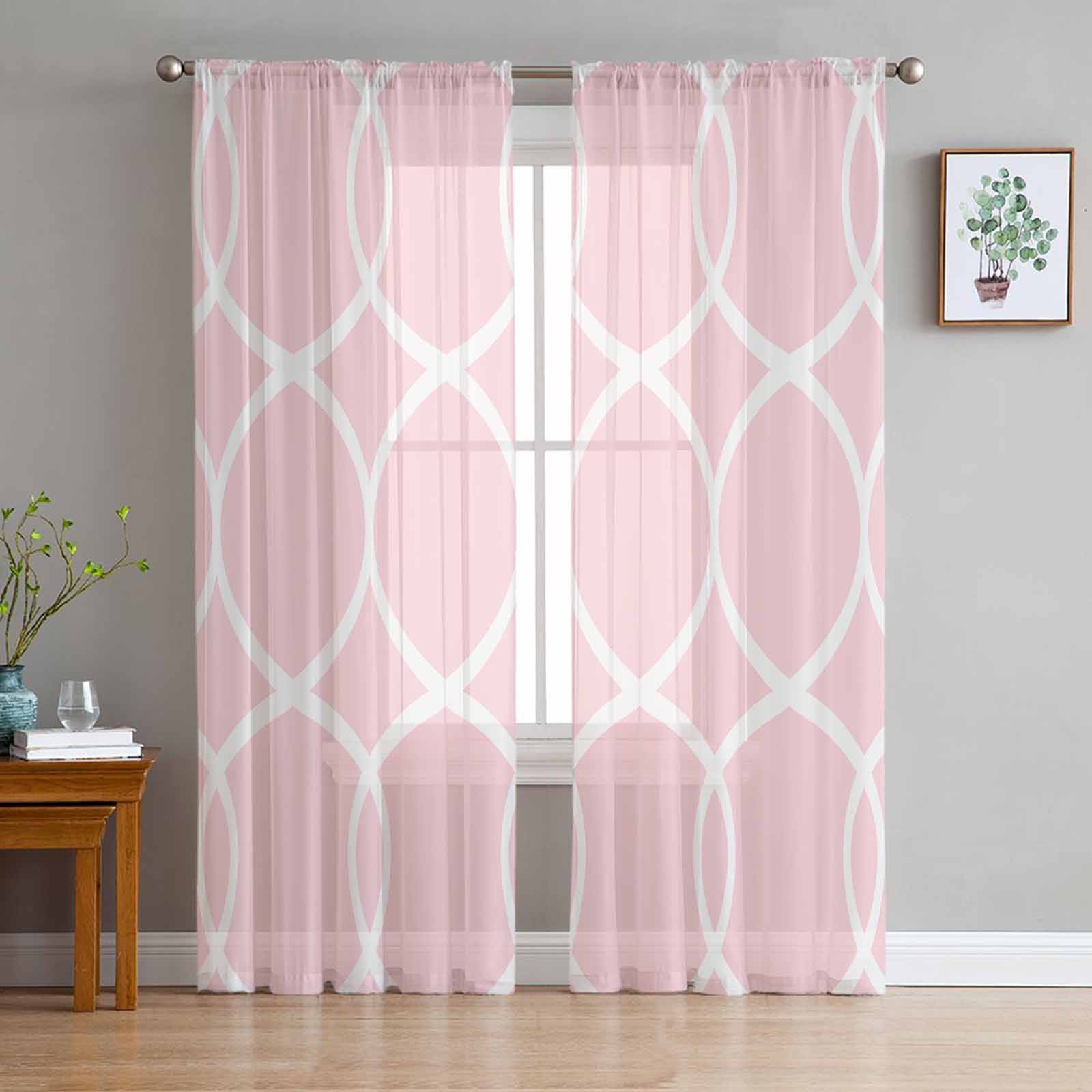 Geometric Abstract Line Pink Bedroom Curtains Tulle Sheer Curtain Living Room Home Decor Voile Drapes 135W x 114H(cm)