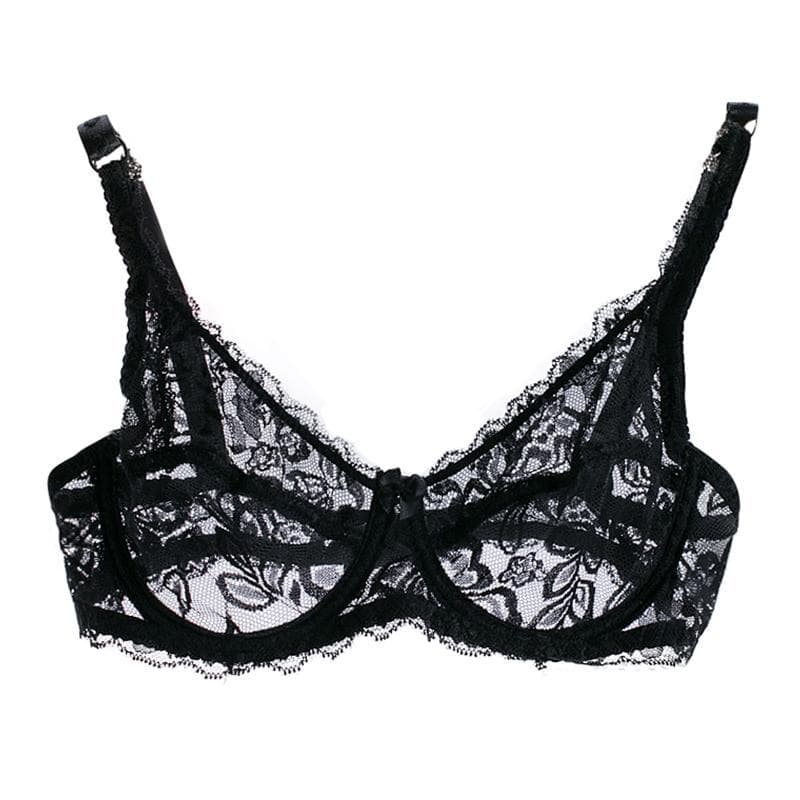Women Sexy Lace Push Up Bodysuit Gauze Gathering Breathable Ultra-thin bra 34/75B black